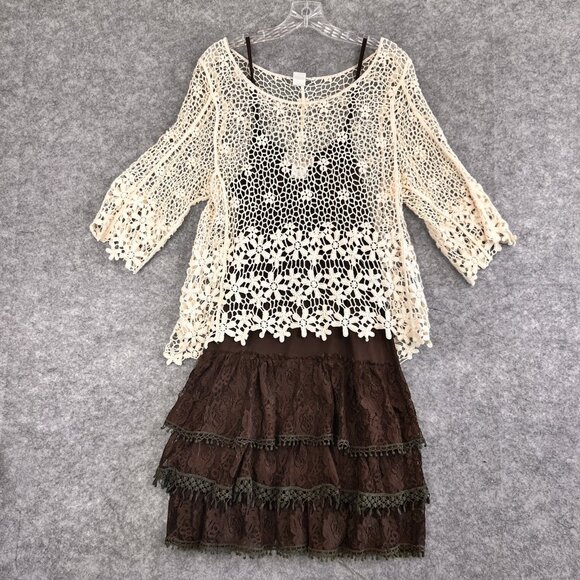 VTG Dress Women Med Brown Lace Crochet Boho Cottage Core Layered Outfit 2 Pc Set - Picture 2 of 16